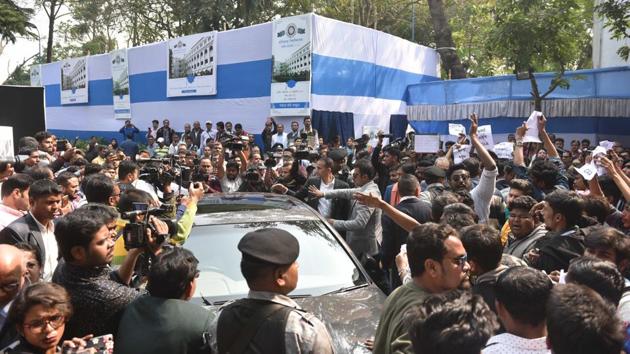 All India Trinamool Congress (TMC) members protest against West Bengal Governor Jagdeep Dhankhar upon his arrival to attend the convocation ceremony of Calcutta University, at Nazrul Mancha, in Kolkata, West Bengal. (Samir Jana / HT Photo)
