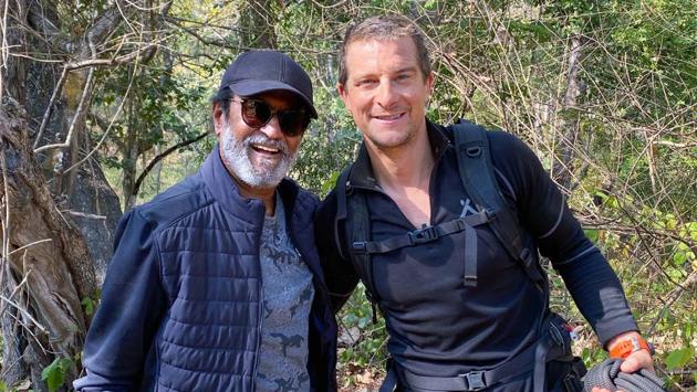 Actor Rajinikanth with Man vs Wild host Bear Grylls in New Delhi. Discovery has signed the actor for the first episode of the new format series ‘Into The Wild with Bear Grylls’. Rajinikanth is the second Indian, after prime minister Narendra Modi to feature in Bear Grylls’ iconic show. (PTI)