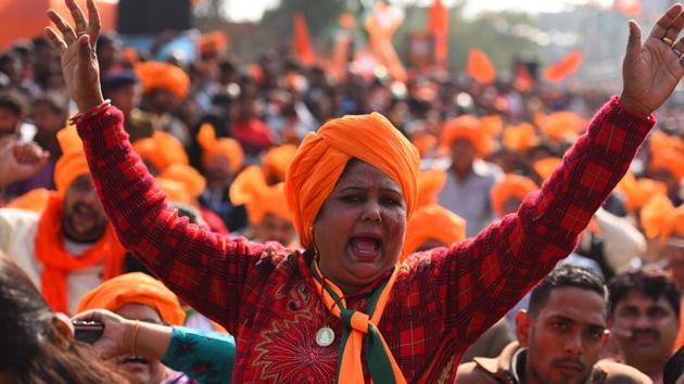 Supporters during a BJP election rally ahead of the Delhi assembly election, in New Delhi, Saturday, February 1, 2020. (Raj K Raj/HT PHOTO) Supporters during a BJP election rally ahead of the Delhi assembly election, in New Delhi, Saturday, February 1, 2020. (Raj K Raj/HT PHOTO)