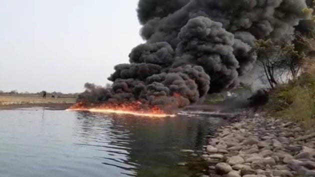 Pipeline leak led to fire in Burhi Dihing river. (U Parashar/HT Photos) Pipeline leak led to fire in Burhi Dihing river. (U Parashar/HT Photos)