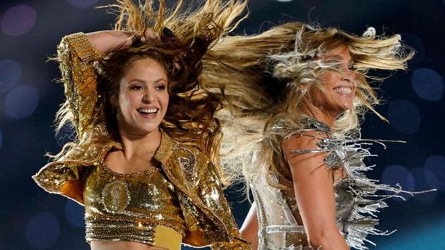 Jennifer Lopez and Shakira perform during the halftime show. (REUTERS)