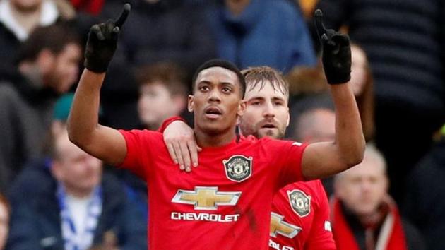 Manchester United's Anthony Martial celebrates scoring their fifth goal.(Action Images via Reuters)