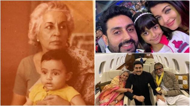 Abhishek Bachchan with his grandma, wife Aishwarya Rai, daughter Aaradhya, mum Jaya and dad Amitabh Bachchan.