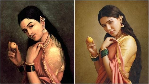 Samantha Akkinenni has recreated an iconic painting of Raja Ravi Varma, clicked by photographer G Venket Ram .(Instagram/samantharuthprabhuoffl)