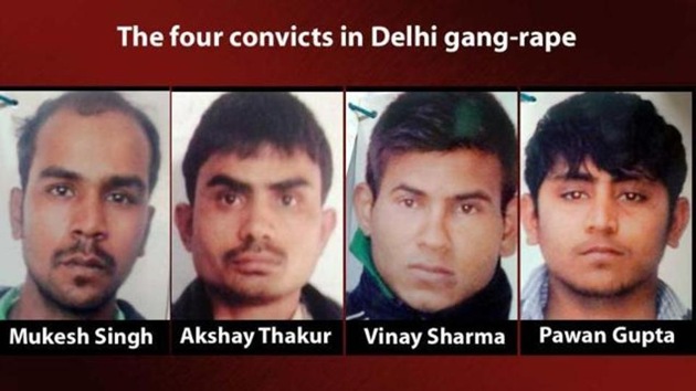 The four men - gym instructor Vinay Sharma, bus cleaner Akshay Kumar Thakur, fruit-seller Pawan Gupta and unemployed Mukesh Singh - had been sentenced to death for the rape and murder of a 23-year old paramedic student inside a moving bus in December 2012. The four men - gym instructor Vinay Sharma, bus cleaner Akshay Kumar Thakur, fruit-seller Pawan Gupta and unemployed Mukesh Singh - had been sentenced to death for the rape and murder of a 23-year old paramedic student inside a moving bus in December 2012.