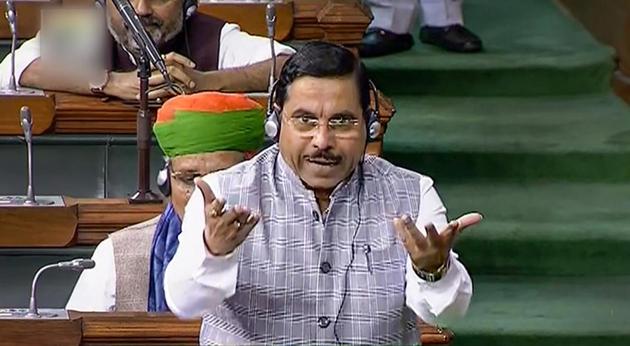 Parliamentary Affairs Minister Pralhad Joshi speaks in the Lok Sabha during the Budget Session of Parliament, in New Delhi(PTI)