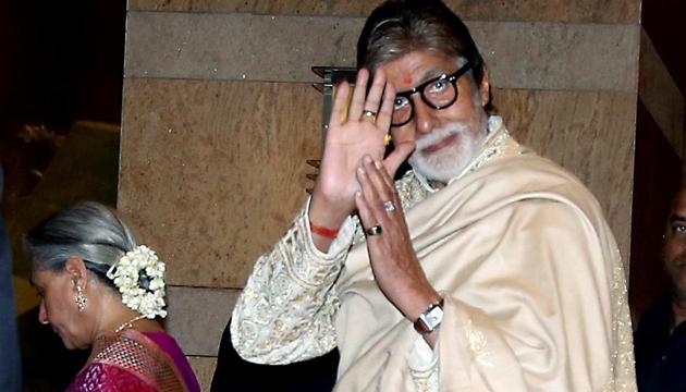 Amitabh Bachchan at the wedding reception of Armaan Jain and Anissa Malhotra at Hotel Grand Hyatt in Mumbai on Monday. Amitabh Bachchan at the wedding reception of Armaan Jain and Anissa Malhotra at Hotel Grand Hyatt in Mumbai on Monday.
