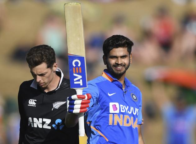 Hamilton: India's Shreyas Iyer celebrates his century - 100 not out as New Zealand's Mitchell Santner looks on during the One Day cricket international between India and New Zealand at Seddon Oval in Hamilton (AP)