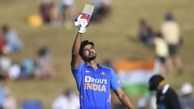 India's Shreyas Iyer celebrates his century - 100 not out during the One Day cricket international between India and New Zealand at Seddon Oval in Hamilton, New Zealand, Wednesday, Feb. 5, 2020.(AP)