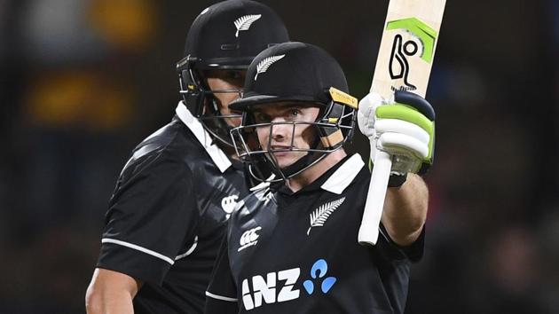 New Zealand's Tom Latham celebrates his fifty against India.(AP)