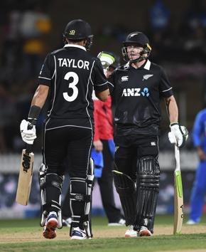 New Zealand's Ross Taylor and Tom Latham react during the One Day cricket international between India and New Zealand at Seddon Oval in Hamilton (AP)