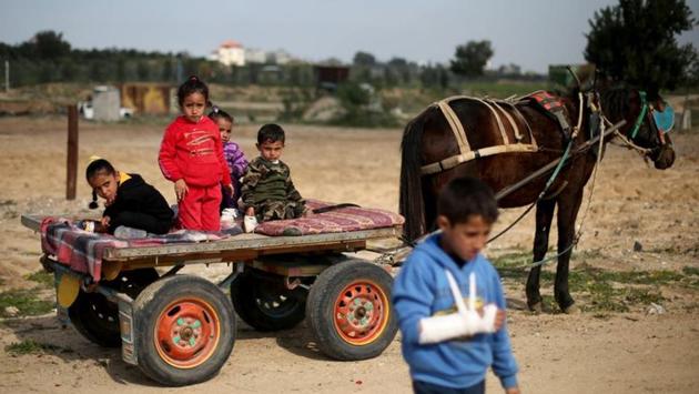 Palestinian children ride on a horse-drawn cart as farmers, plant a field. Fields were ploughed, fertilised and sown with wheat by ICRC-employed workers as part of the endeavour, organised in cooperation with Israeli authorities, Gaza’s Agriculture Ministry, local municipalities and farmers’ committees. (Ibraheem Abu Mustafa / REUTERS)