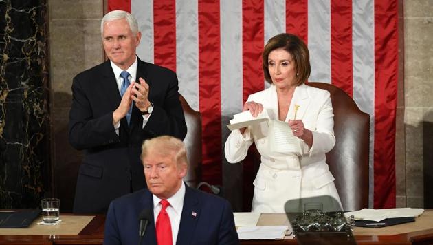 US Vice President Mike Pence claps as Speaker of the US House of Representatives Nancy Pelosi rips a copy of US President Donald Trump speech after he delivers the State of the Union address at the US Capitol in Washington (AFP) US Vice President Mike Pence claps as Speaker of the US House of Representatives Nancy Pelosi rips a copy of US President Donald Trump speech after he delivers the State of the Union address at the US Capitol in Washington (AFP)