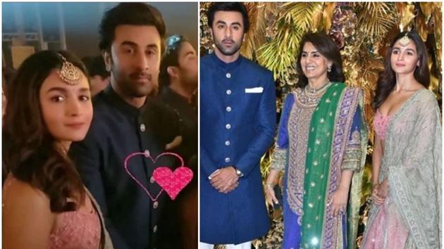 Ranbir Kapoor, Alia Bhatt with his mother Neetu Singh at Armaan Jain’s wedding reception.(Instagram)