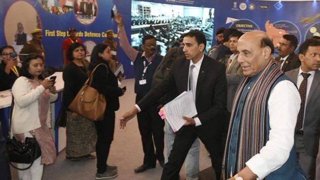 Defence Minister Rajnath Singh at DefExpo20, at Vrindavan Yojna, Lucknow. (Dheeraj Dhawan / Hindustan Times) Defence Minister Rajnath Singh at DefExpo20, at Vrindavan Yojna, Lucknow. (Dheeraj Dhawan / Hindustan Times)