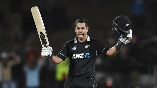 Hamilton: New Zealand's Ross Taylor celebrates his century during the One Day cricket international between India and New Zealand at Seddon Oval in Hamilton, New Zealand. (AP) Hamilton: New Zealand's Ross Taylor celebrates his century during the One Day cricket international between India and New Zealand at Seddon Oval in Hamilton, New Zealand. (AP)