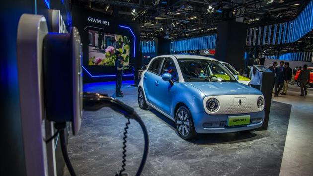 A view of the EV GWM R1 by Great Wall Motors. It is the world’s most affordable EV. The Expo is beyond just showcasing of vehicles and also focuses on the new paradigms of mobility like connected cars, electric cars, and alternative fuel. (Pradeed Gaur / Mint)