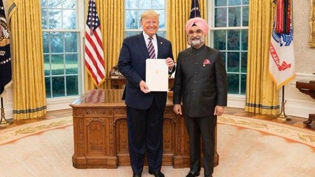 Taranjit Singh Sandhu, Indian Ambassador to the United States with President Donald Trump on Thursday. (@SandhuTaranjitS/Twitter Photo) Taranjit Singh Sandhu, Indian Ambassador to the United States with President Donald Trump on Thursday. (@SandhuTaranjitS/Twitter Photo)