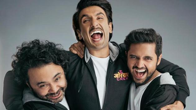 Ranveer Singh with Jayeshbhai Jordaar producer Maneesh Sharma and director Divyang Thakkar.