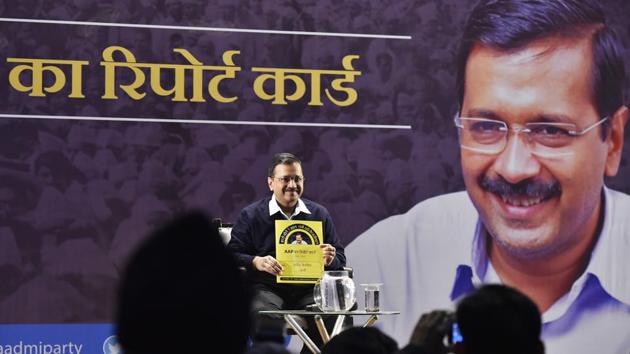 Delhi Chief Minister Arvind Kejriwal addresses the first townhall meeting to discuss 'AAP ka Report Card', at Malavankar Auditorium. Kejriwal did a series of town halls, addressed 16 public rallies, and did close to three dozen roadshows, while the party’s candidates did close to 700 mohalla meetings. (Sanjeev Verma / HT Photo)