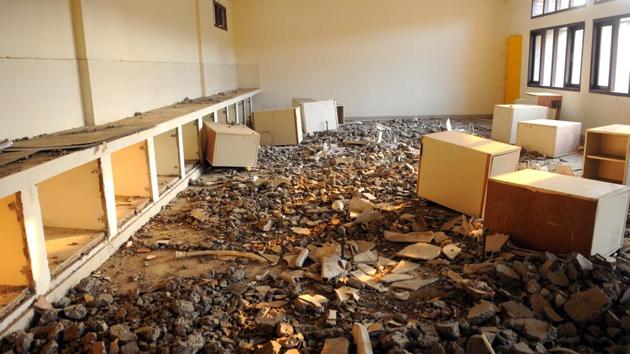 Debris of demolished walls and slabs at Government Model High School in Sector 12, on PGIMER campus, in Chandigarh. (Keshav Singh/HT) Debris of demolished walls and slabs at Government Model High School in Sector 12, on PGIMER campus, in Chandigarh. (Keshav Singh/HT)