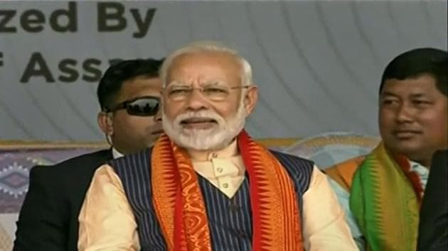 Prime Minister Narendra Modi during an event to celebrate the signing of the Bodo agreement, in Kokrajhar. (PTI) Prime Minister Narendra Modi during an event to celebrate the signing of the Bodo agreement, in Kokrajhar. (PTI)