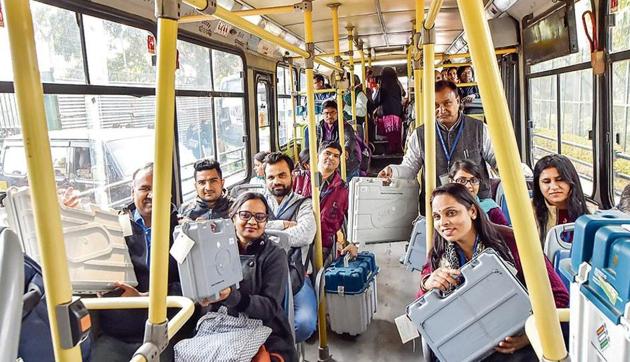 Polling officers carry EVMs on the eve of Delhi Assembly elections on Friday. (PTI) Polling officers carry EVMs on the eve of Delhi Assembly elections on Friday. (PTI)