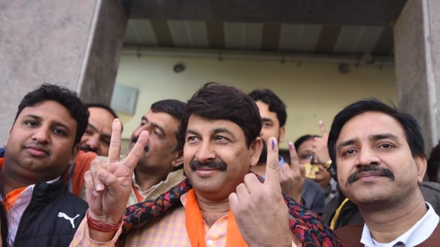 BJP MP Manoj Tiwari after casting his vote in the Delhi Assembly elections on Saturday. (Sonu Mehta/HT Photo) BJP MP Manoj Tiwari after casting his vote in the Delhi Assembly elections on Saturday. (Sonu Mehta/HT Photo)