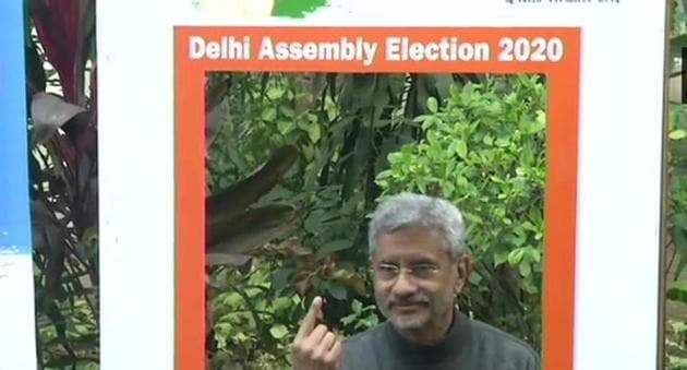 Foreign minister S Jaishankar after casting vote for Delhi Assembly elections on Saturday.(ANI Photo)