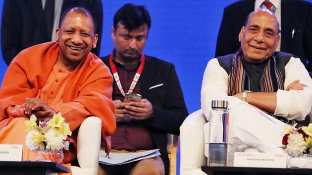 Defence minister Rajnath Singh and UP chief minister Yogi Adityanath at DefExpo-2020, in Lucknow on Saturday. (HT PHOTO) Defence minister Rajnath Singh and UP chief minister Yogi Adityanath at DefExpo-2020, in Lucknow on Saturday. (HT PHOTO)