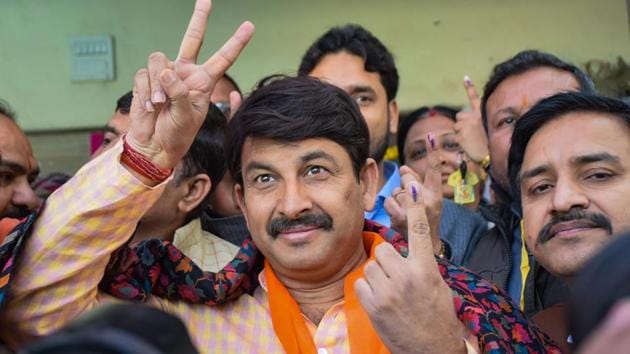 Delhi BJP President Manoj Tiwari after casting his vote during the Delhi Assembly election in New Delhi on Saturday. (PTI PHOTO.) Delhi BJP President Manoj Tiwari after casting his vote during the Delhi Assembly election in New Delhi on Saturday. (PTI PHOTO.)