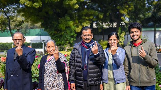 Delhi Chief Minister and AAP convener Arvind Kejriwal and his family members show their finger marked with indelible ink after casting vote during the Delhi Assembly elections at a polling station, in Civil Line area of New Delhi, Saturday, Feb. 8, 2020. (PTI) Delhi Chief Minister and AAP convener Arvind Kejriwal and his family members show their finger marked with indelible ink after casting vote during the Delhi Assembly elections at a polling station, in Civil Line area of New Delhi, Saturday, Feb. 8, 2020. (PTI)