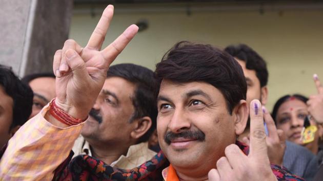 Delhi BJP North East MP and Delhi BJP Chief Manoj Tiwari after casting his vote during Delhi Assembly Election polling at Yamuna Vihar in North East Delhi. (Sonu Mehta/HT PHOTO) Delhi BJP North East MP and Delhi BJP Chief Manoj Tiwari after casting his vote during Delhi Assembly Election polling at Yamuna Vihar in North East Delhi. (Sonu Mehta/HT PHOTO)