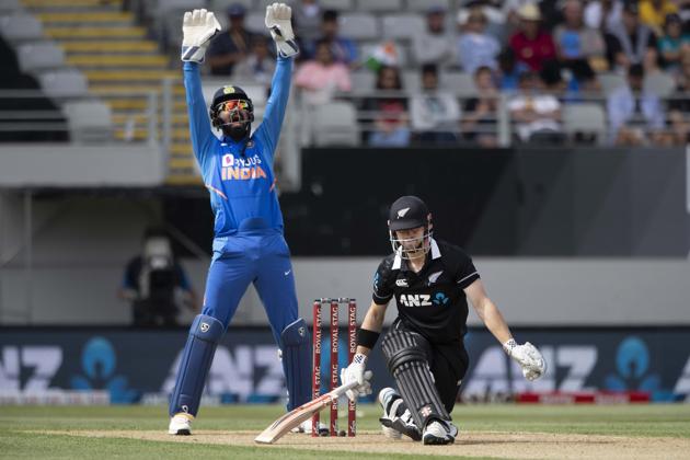 Black Caps opener Henry Nicholls is out LBW by Indian bowler Yuzvendra Chahal during a One Day International cricket between India and New Zealand at Eden Park in Auckland. (AP)