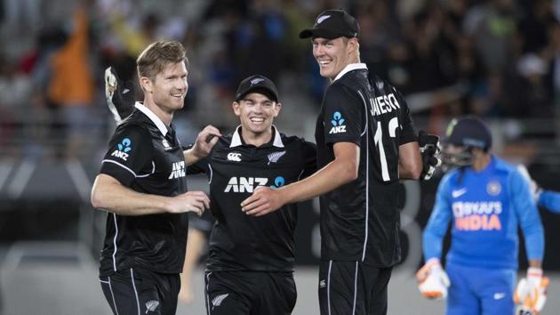 Auckland: Black Caps, from left, James Neesham, Tom Latham and Kyle Jamieson celebrate their win over India during a One Day International cricket between India and New Zealand at Eden Park in Auckland, New Zealand, Saturday, Feb 8, 2020. AP/PTI(AP2_8_2020_000218B) (AP) Auckland: Black Caps, from left, James Neesham, Tom Latham and Kyle Jamieson celebrate their win over India during a One Day International cricket between India and New Zealand at Eden Park in Auckland, New Zealand, Saturday, Feb 8, 2020. AP/PTI(AP2_8_2020_000218B) (AP)