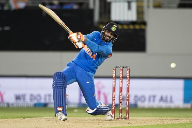 India's Ravindra Jadeja in action, during a One Day cricket international between India and New Zealand at Eden Park in Auckland. (AP)