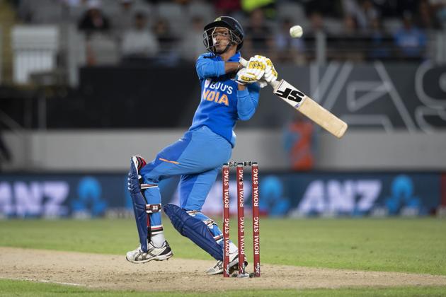 India's Navdeep Saini bats during a One Day International cricket between India and New Zealand at Eden Park in Auckland. (AP)