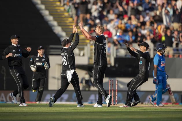 Black Caps bowler Kyle Jamieson, center right, celebrates the wicket of India's Prithvi Shaw during a One Day International cricket between India and New Zealand at Eden Park in Auckland. (AP)