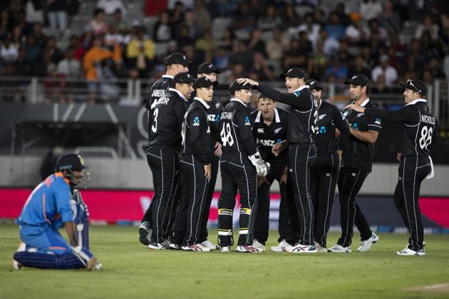 NZ Black Caps celebrate the wicket of India's Yuzvendra Chahal, during the One Day cricket international between India and New Zealand at Eden Park in Auckland. (AP)