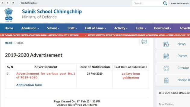 Sainik School Recruitment 2020. (Screengrab) Sainik School Recruitment 2020. (Screengrab)