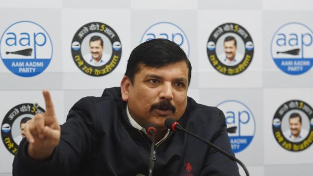 Aam Aadmi Party (AAP) leader Sanjay Singh addresses a press conference about voter turnout during Feb 8 Assembly Election, at party office, in New Delhi, on Sunday, February 9, 2020. (Sanchit Khanna/HT PHOTO) Aam Aadmi Party (AAP) leader Sanjay Singh addresses a press conference about voter turnout during Feb 8 Assembly Election, at party office, in New Delhi, on Sunday, February 9, 2020. (Sanchit Khanna/HT PHOTO)