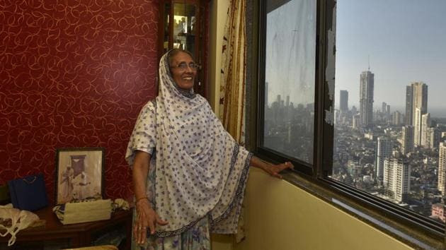 Rukaiya Aziz, who used to live at a chawl, shows her 350-sqft one-bedroom-hall-kitchen (BHK) apartment at Al-Saadah tower in Bhendi Bazaar, south Mumbai. (Anshuman Poyrekar/HT Photo)