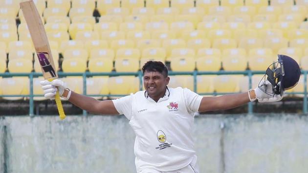 Dharamshala: Mumbai batsman Sarfaraz Khan celebrates his double century against Himachal Pradesh during the Ranji Trophy Match at Himachal Pradesh Cricket Association Stadium, Dharamshala, Monday, Jan. 27, 2020.(PTI)