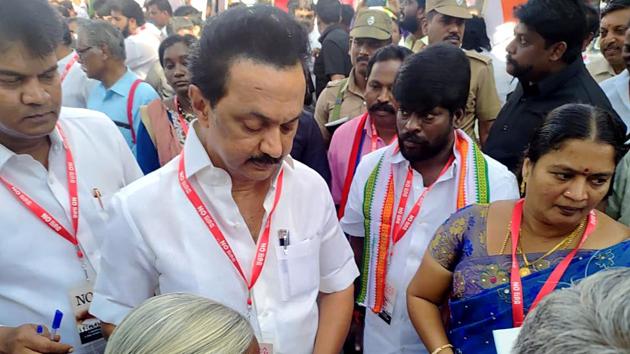 DMK President MK Stalin during the signature campaign in a state against CAA, NRC, and NPR, at Kolathur in Chennai. (ANI Photo) DMK President MK Stalin during the signature campaign in a state against CAA, NRC, and NPR, at Kolathur in Chennai. (ANI Photo)