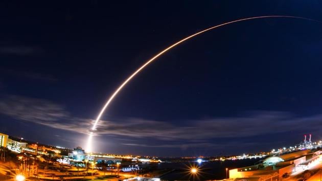 A wide angle and long exposure shot, shows the United Launch Alliance's Atlas V rocket, lift off from Cape Canaveral Air Force Station in Florida.Europe and NASA's Solar Orbiter rocketed into space Sunday night on an unprecedented mission to capture the first pictures of the sun's elusive poles. (Malcolm Denemark / Florida Today via AP)