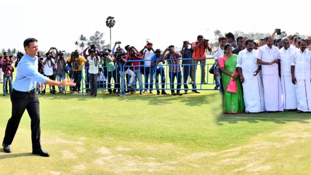 Dravid, a former India captain, was seen bowling underarm to the chief minister who, in turn, was happy to hit them away. (Twitter) Dravid, a former India captain, was seen bowling underarm to the chief minister who, in turn, was happy to hit them away. (Twitter)