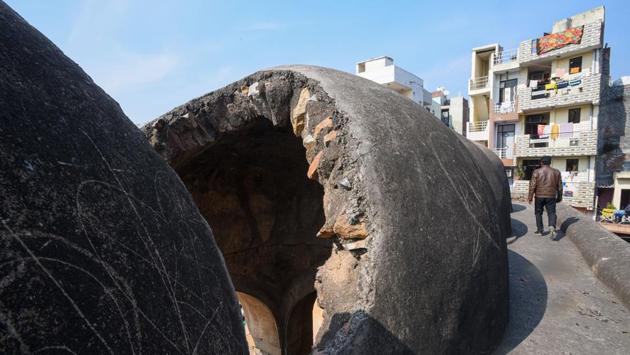 The surrounding residential colony seen from the roof of the Begampur mosque. Following the incident, the Archaeological Survey of India (ASI) has decided to take up this Tughlaq-era mosque for conservation, which is scheduled to begin in the next 10 days. (Amal KS / HT Photo)