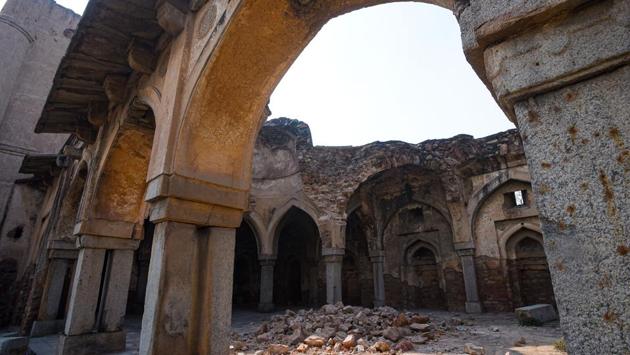 Rubble lies amid the ruins of the Begampur Mosque. Speaking about the fate of the mosque in recent years, Jalil said “After Independence, several migrants had made the mosque their home, as was happening in many other monuments in Delhi.” (Amal KS / HT Photo)