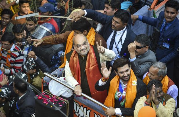 Union Home Minister and BJP leader Amit Shah during Delhi Assembly elections campaign rally.(PTI)