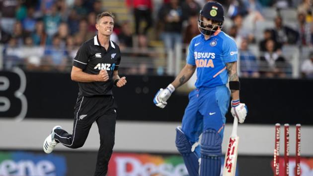 Black Caps bowler Tim Southee, left, celebrates the wicket of India's Virat Kohli. (AP) Black Caps bowler Tim Southee, left, celebrates the wicket of India's Virat Kohli. (AP)